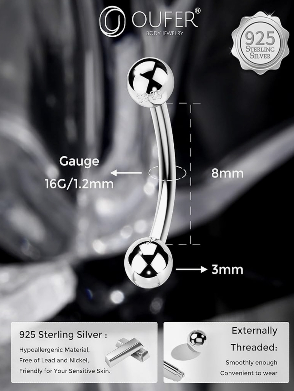 Unisex Curved Barbell Piercing Jewelry For Rook, Eyebrow, Labret, Others - Picture 3 of 7
